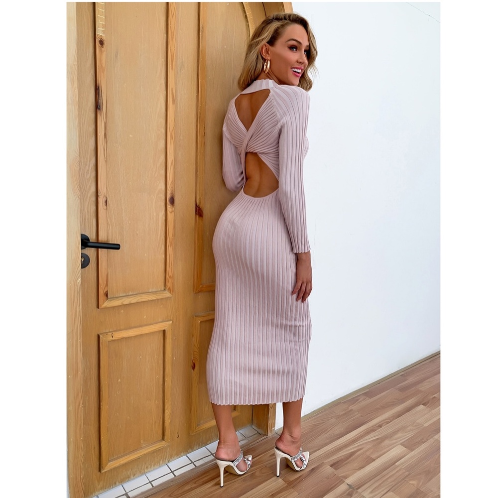 Cut Out Twisted Back Rib Knit Midi Dress - Picture 3 of 14